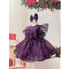 Mor Payetli Prenses Kız Çocuk Abiye Elbise – Balon Kollu & Fiyonk Aksesuarlı