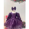 Mor Uzun Kollu Payetli Prenses Kız Çocuk Abiye Elbise