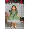 Parıltılı Zeytin Yeşili Kız coçuk Elbisesi Abiye