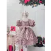Pudra Renk Payetli Fiyonk Kız Çocuk Abiye Elbise