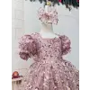 Pudra Renk Payetli Fiyonk Kız Çocuk Abiye Elbise