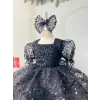 Sİyah Payetli Kare Yakalı Kız Çocuk Elbisesi