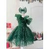 Yeşil Taşlı Tek Omuzlu Fırfırlı Kız Çocuk Elbisesi