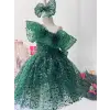 Yeşil Taşlı Tek Omuzlu Fırfırlı Kız Çocuk Elbisesi