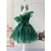 Yeşil Taşlı Tek Omuzlu Fırfırlı Kız Çocuk Elbisesi