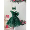 Yeşil Taşlı Tek Omuzlu Fırfırlı Kız Çocuk Elbisesi