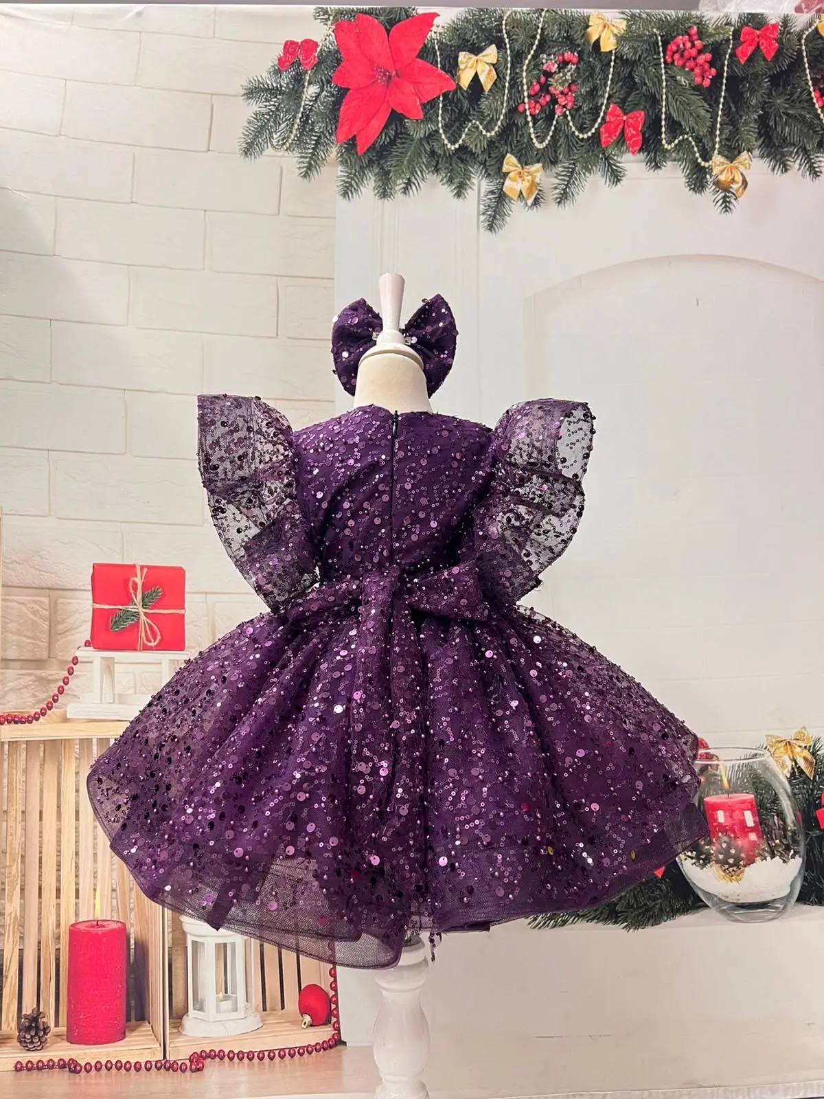 Mor Payetli Prenses Kız Çocuk Abiye Elbise – Balon Kollu & Fiyonk Aksesuarlı