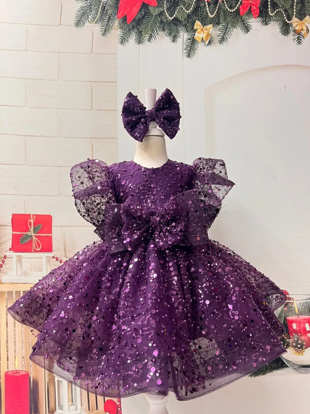 Mor Payetli Prenses Kız Çocuk Abiye Elbise – Balon Kollu & Fiyonk Aksesuarlı