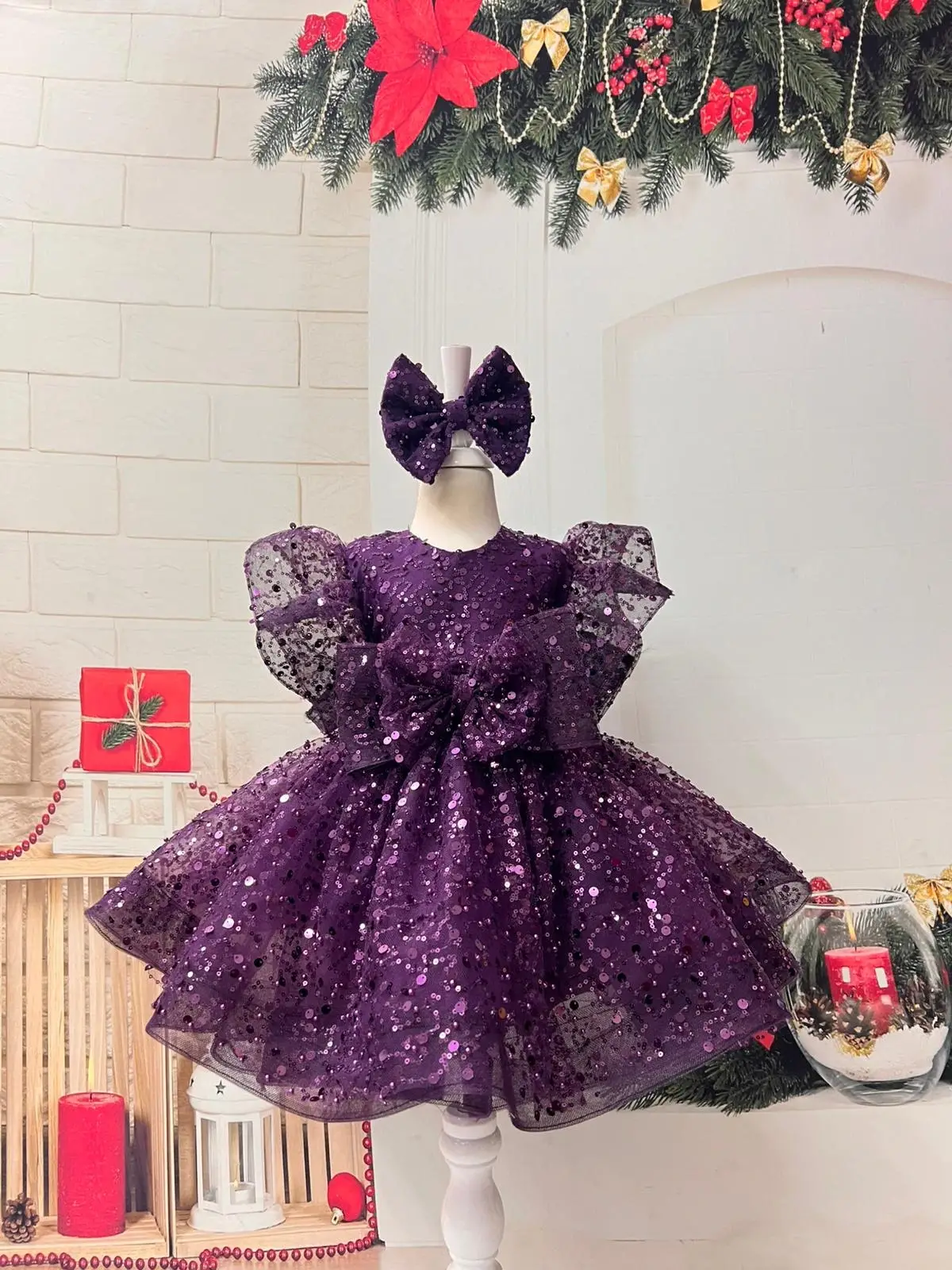Mor Payetli Prenses Kız Çocuk Abiye Elbise – Balon Kollu & Fiyonk Aksesuarlı