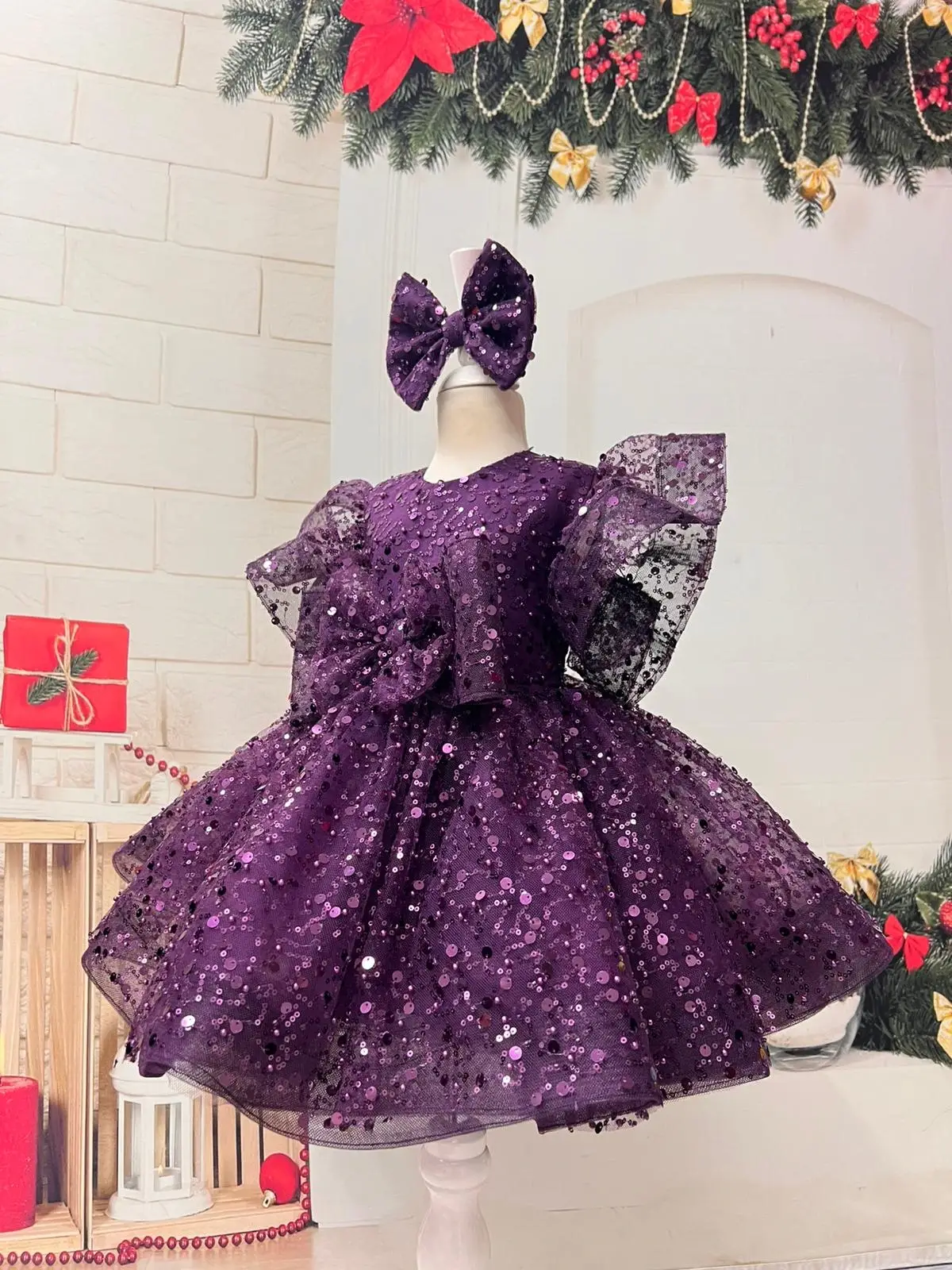 Mor Payetli Prenses Kız Çocuk Abiye Elbise – Balon Kollu & Fiyonk Aksesuarlı