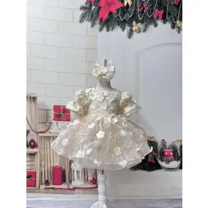 Krem Çiçek Desenli Prenses Abiye Elbise