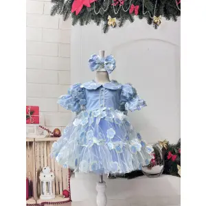 Mavi Çiçekli Prenses Abiye Elbise