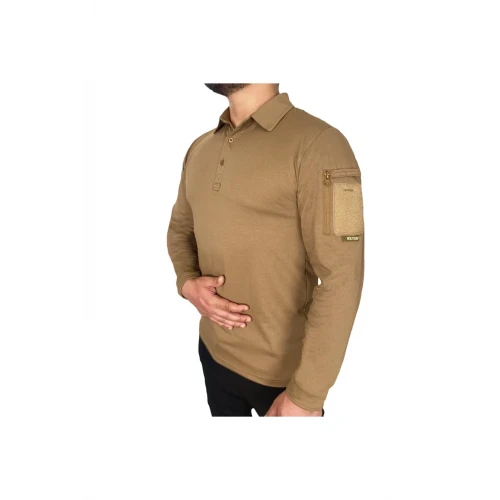 Astüm Polo Yaka 2 Cepli Uzun Kollu Taktik T-Shirt Bej