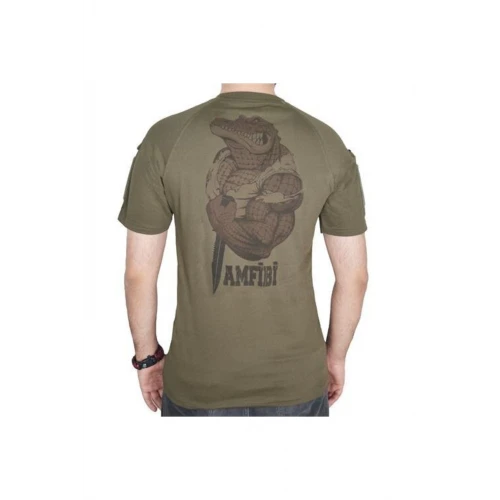 Astüm Amfibi Yazılı Kısa Kollu Baskılı Taktik Tişört Haki