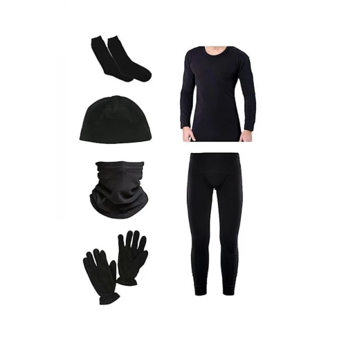 Astüm Termal Içlik Takımı Çorap Polar Bere Boyunluk Eldiven Siyah 5 Li Set