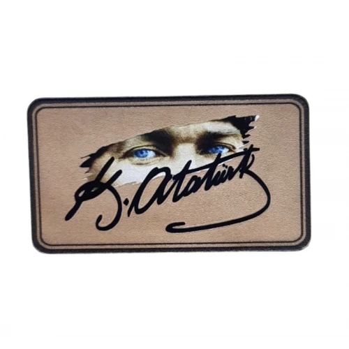 Atatürk Deri Peç - Arkası Cırtlı - 9 cm x 5 cm - Mavi Göz - Atatürk İmza - Leather Patch