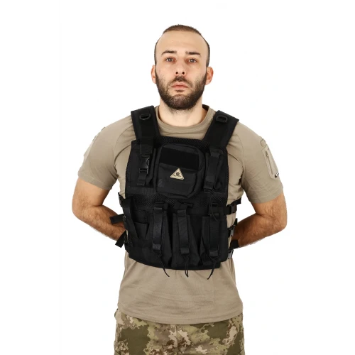 Astüm Siyah 4 Cepli ve Yan Çantalı Arkası Fileli Hücum Yeleği