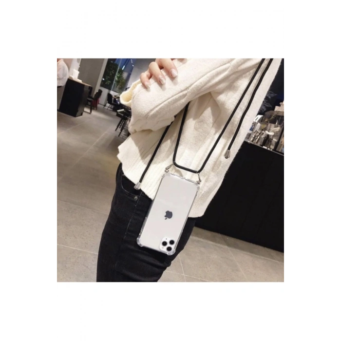 Apple iPhone 12 Pro Max Kılıf İpli Boyun Askılı Şeffaf Darbe Emici Yumuşak Kapak