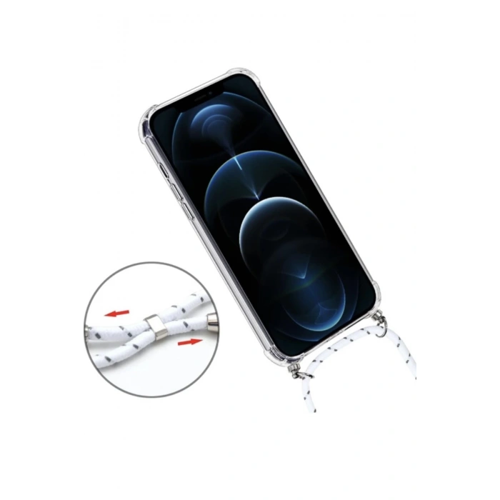 iPhone 11 için kılıf, şeffaf, askılı silikon + ağır PC koruyucu kılıf, asmak için kordonlu,