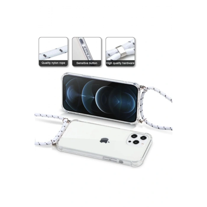 iPhone 11 için kılıf, şeffaf, askılı silikon + ağır PC koruyucu kılıf, asmak için kordonlu,