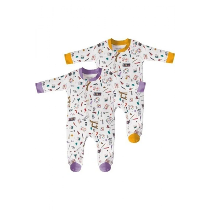 Bebek 2 Parça Patikli Fermuarlı Tulum, %100 Organik Pamuk, Bebek ve Yenidoğan Serisi - CSY5811