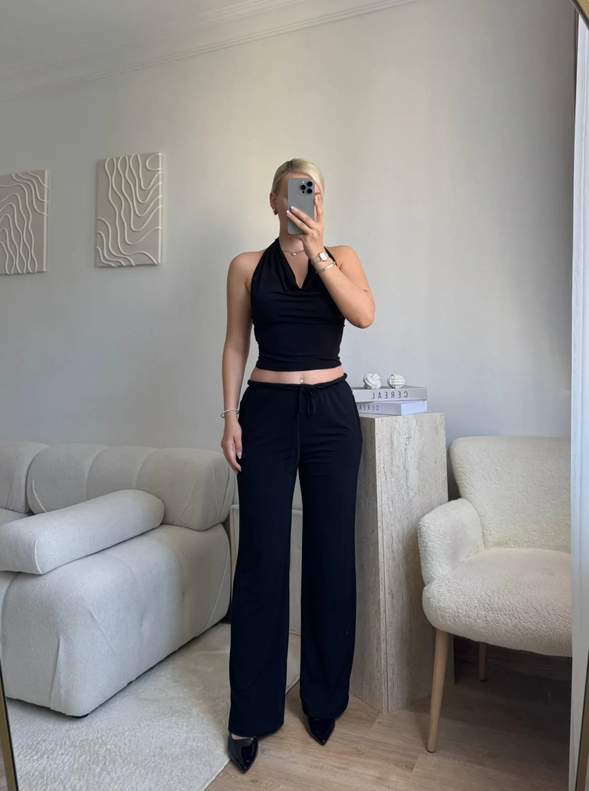 Siyah Halter Yaka Crop & Palazzo Takım