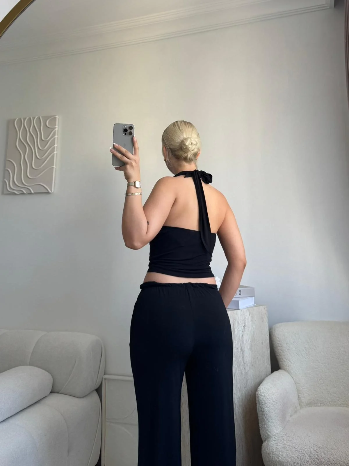 Siyah Halter Yaka Crop & Palazzo Takım