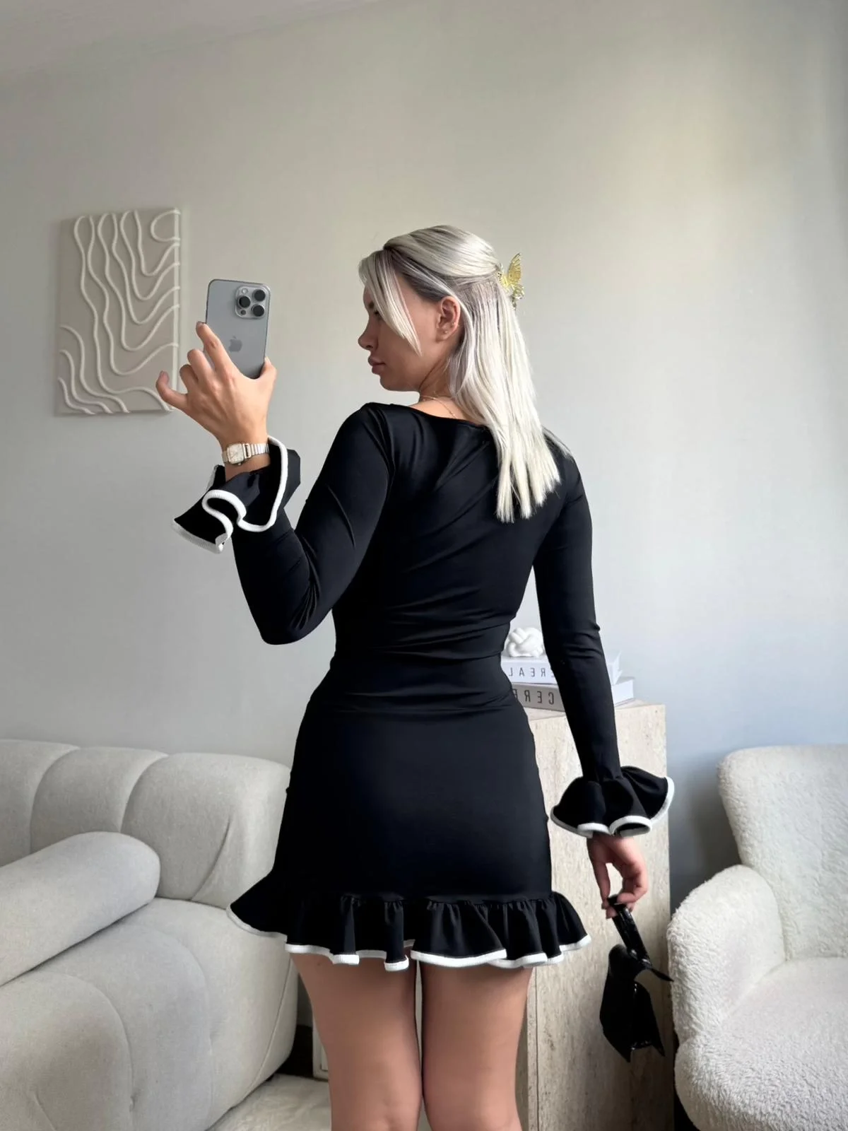 Volan Detaylı Elbise - SİYAH