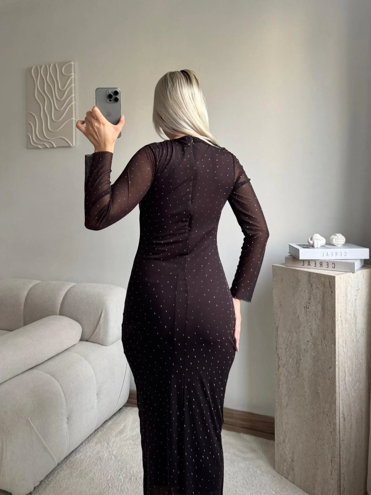 Drapeli Taşlı Tül Elbise - KAHVE