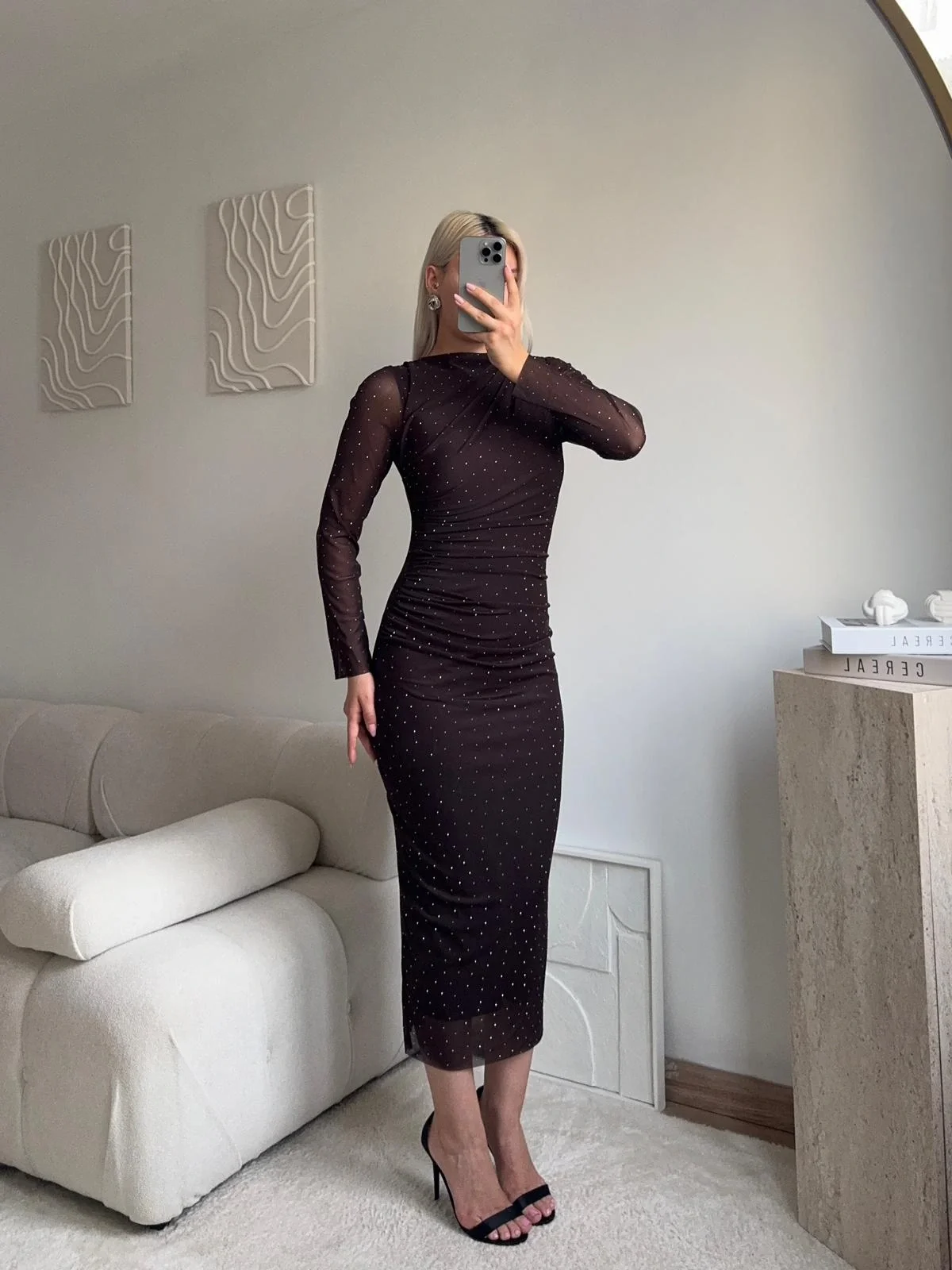 Drapeli Taşlı Tül Elbise - KAHVE