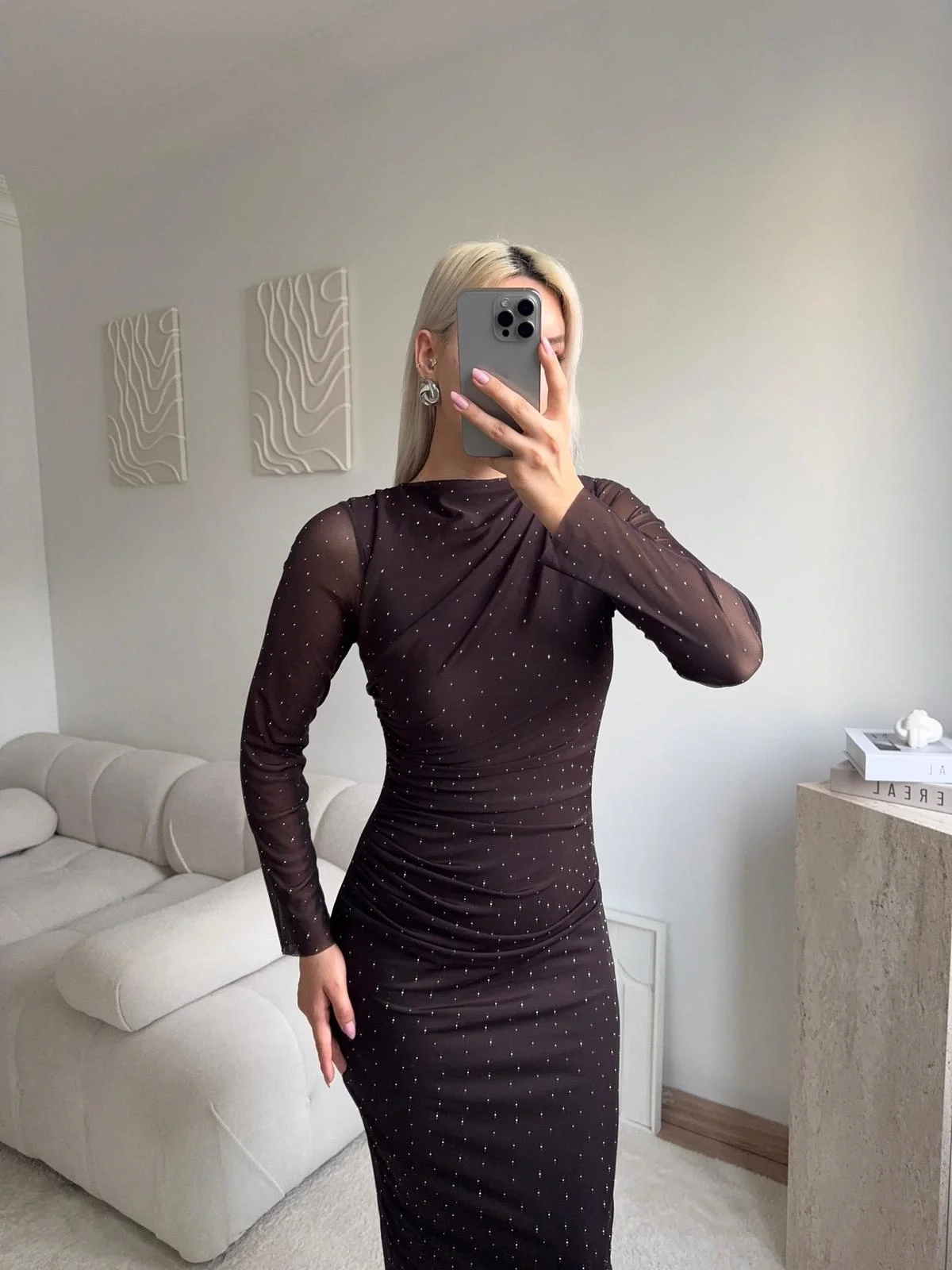 Drapeli Taşlı Tül Elbise - KAHVE