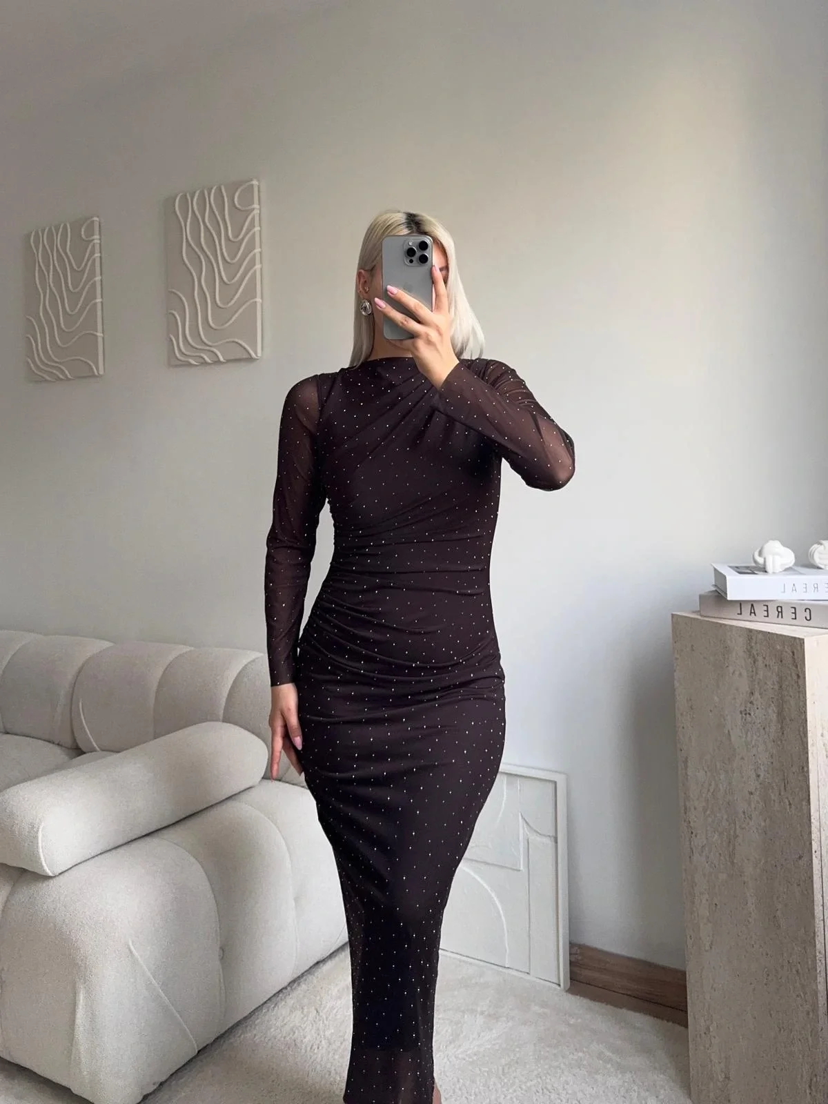 Drapeli Taşlı Tül Elbise - KAHVE