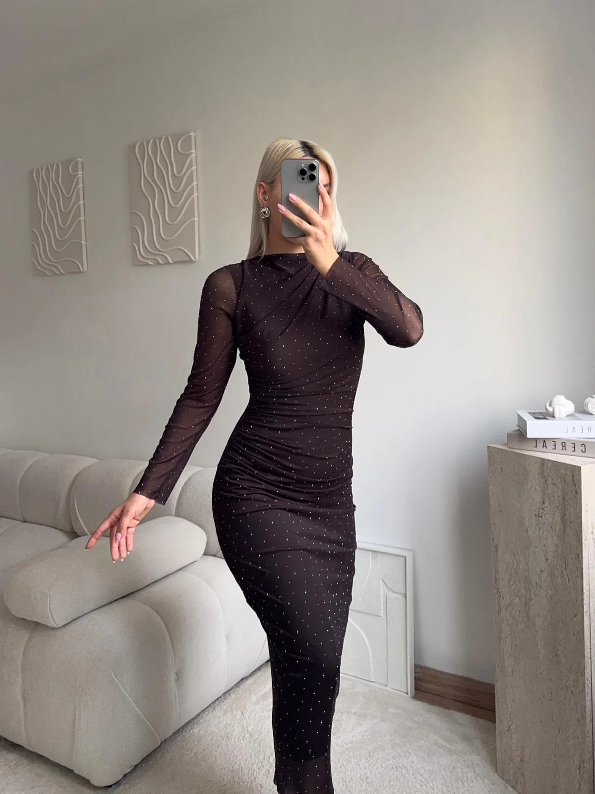 Drapeli Taşlı Tül Elbise - KAHVE