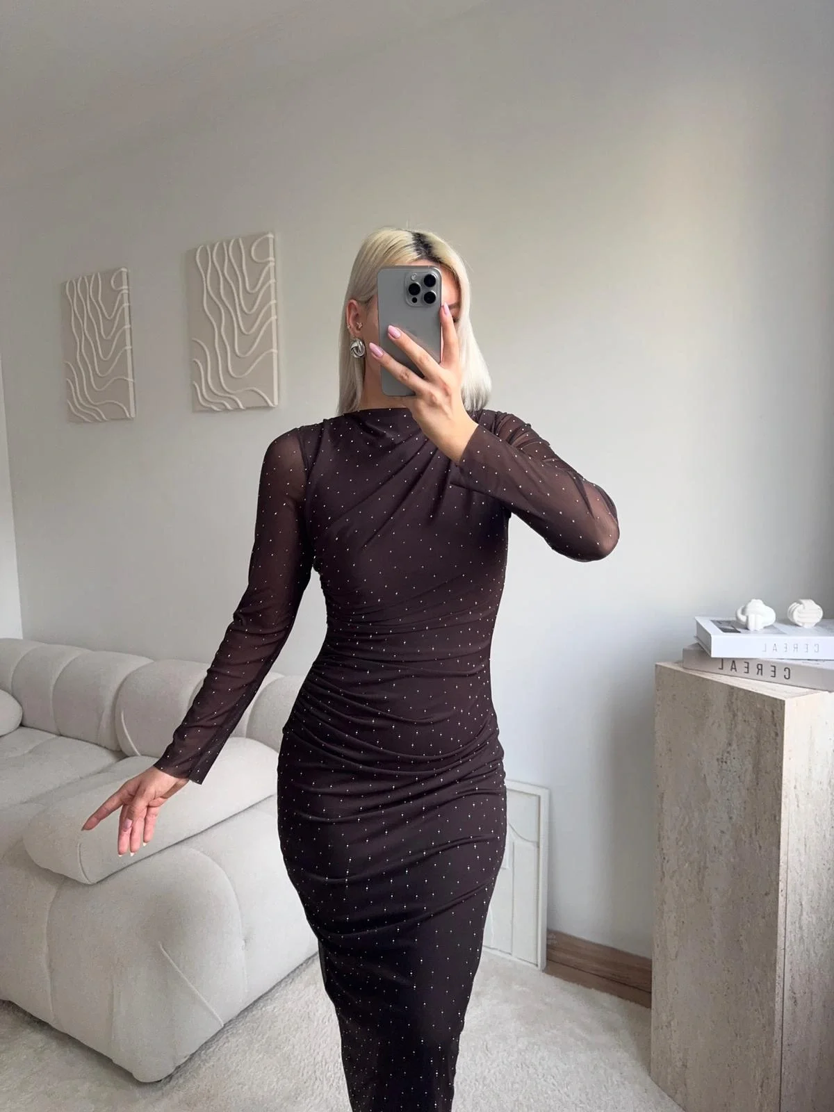 Drapeli Taşlı Tül Elbise - KAHVE