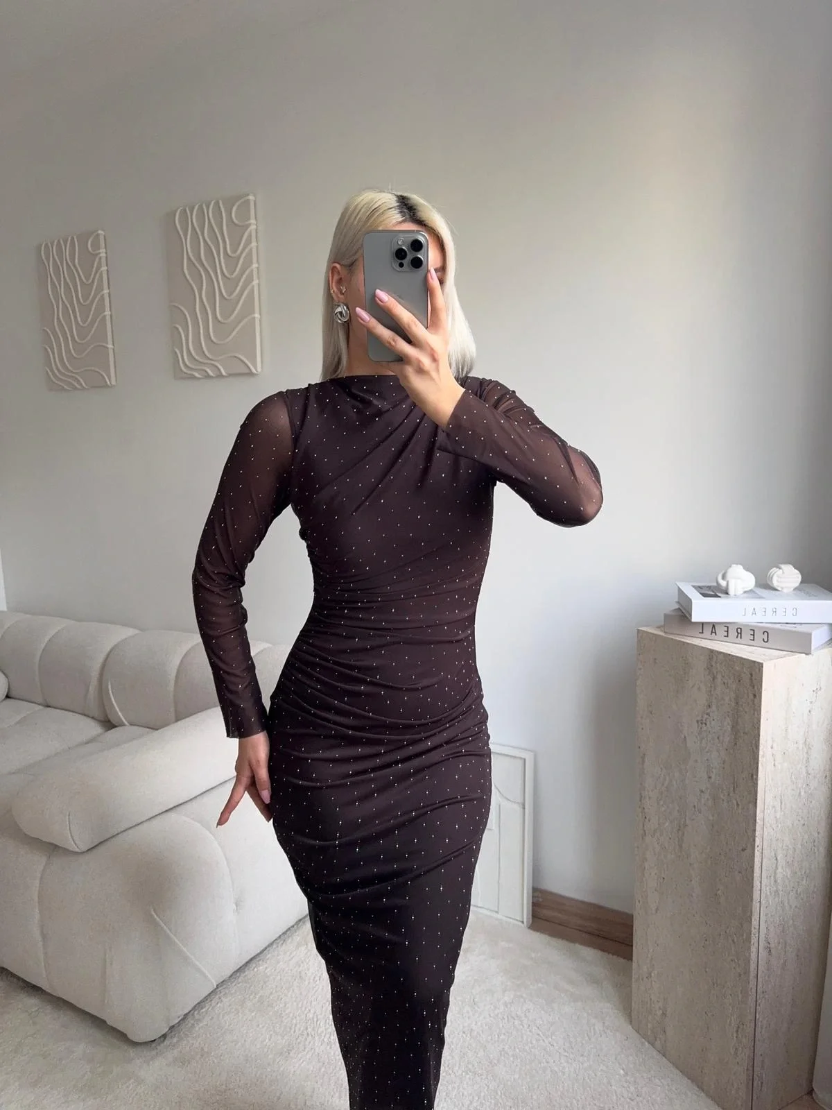 Drapeli Taşlı Tül Elbise - KAHVE