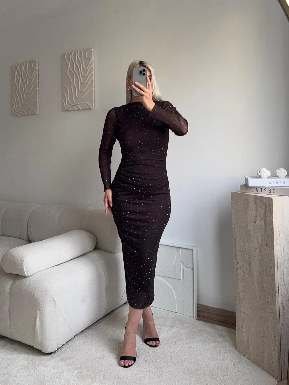 Drapeli Taşlı Tül Elbise - KAHVE