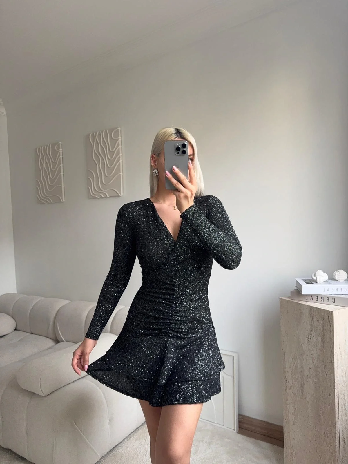 Kruvaze Bel Büzgü Simli Elbise - SİYAH