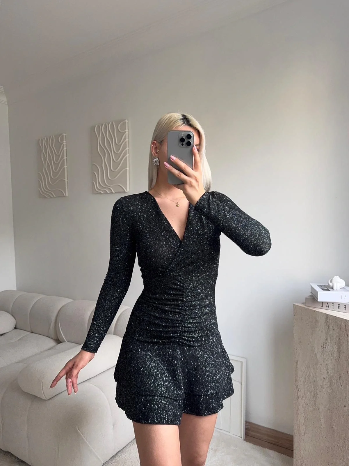 Kruvaze Bel Büzgü Simli Elbise - SİYAH