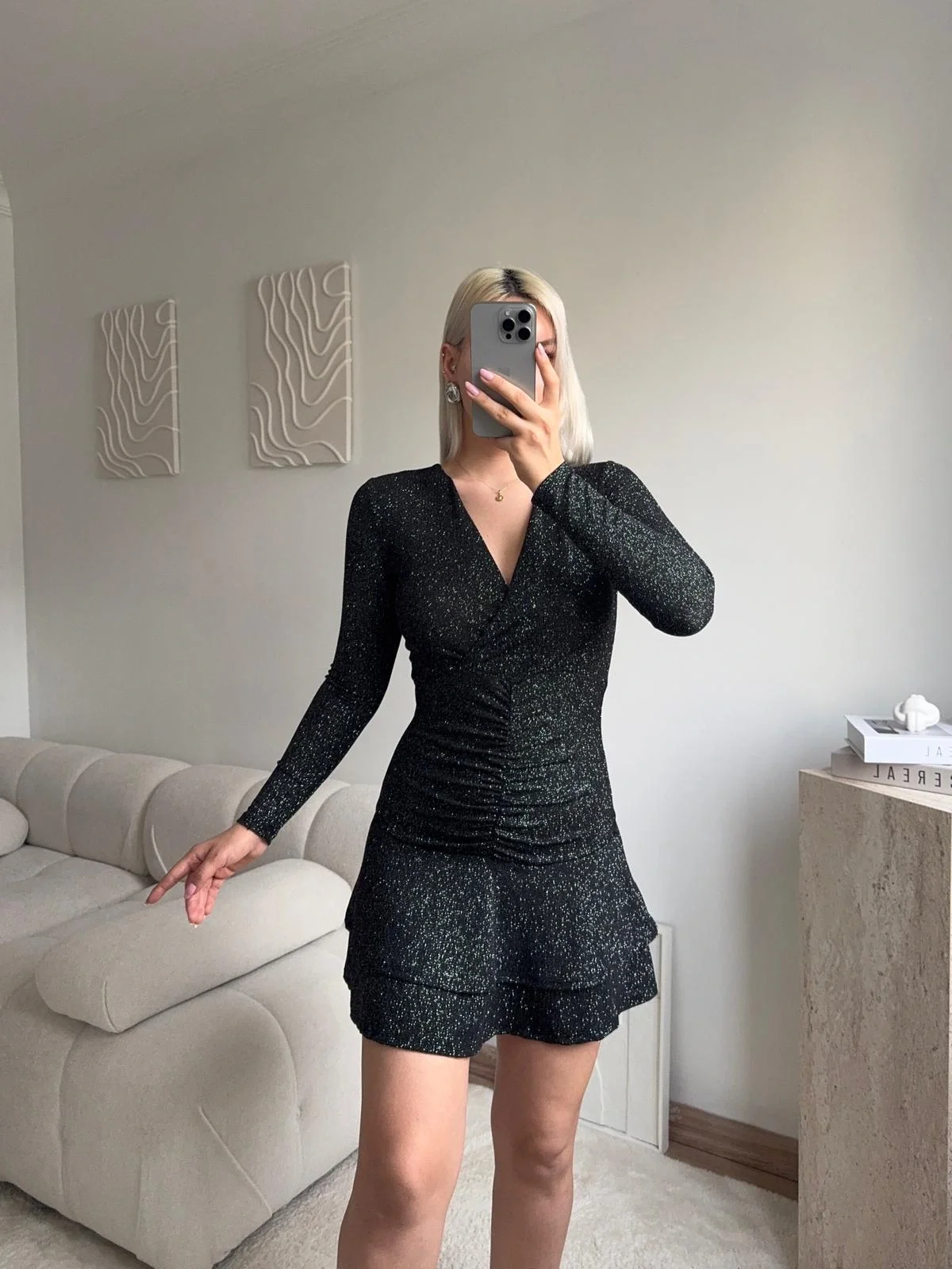 Kruvaze Bel Büzgü Simli Elbise - SİYAH