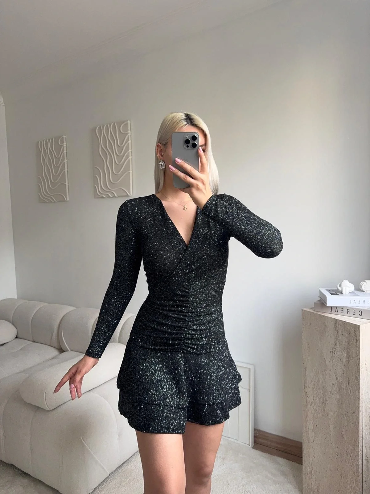 Kruvaze Bel Büzgü Simli Elbise - SİYAH