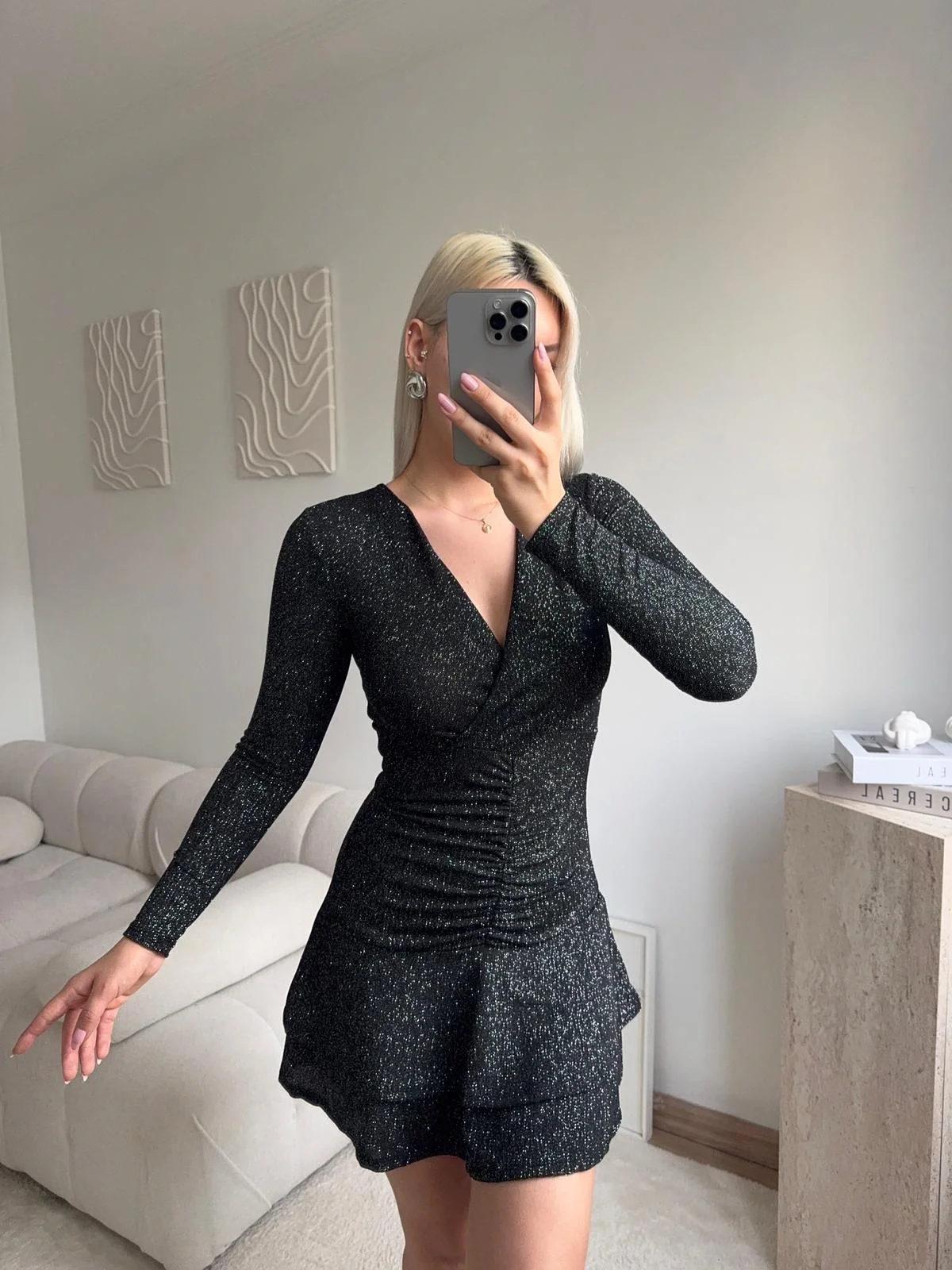 Kruvaze Bel Büzgü Simli Elbise - SİYAH