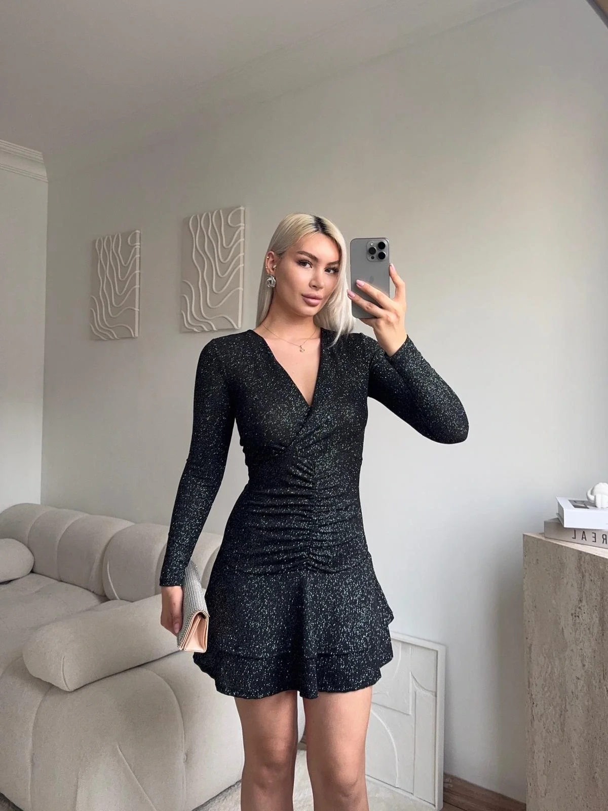 Kruvaze Bel Büzgü Simli Elbise - SİYAH