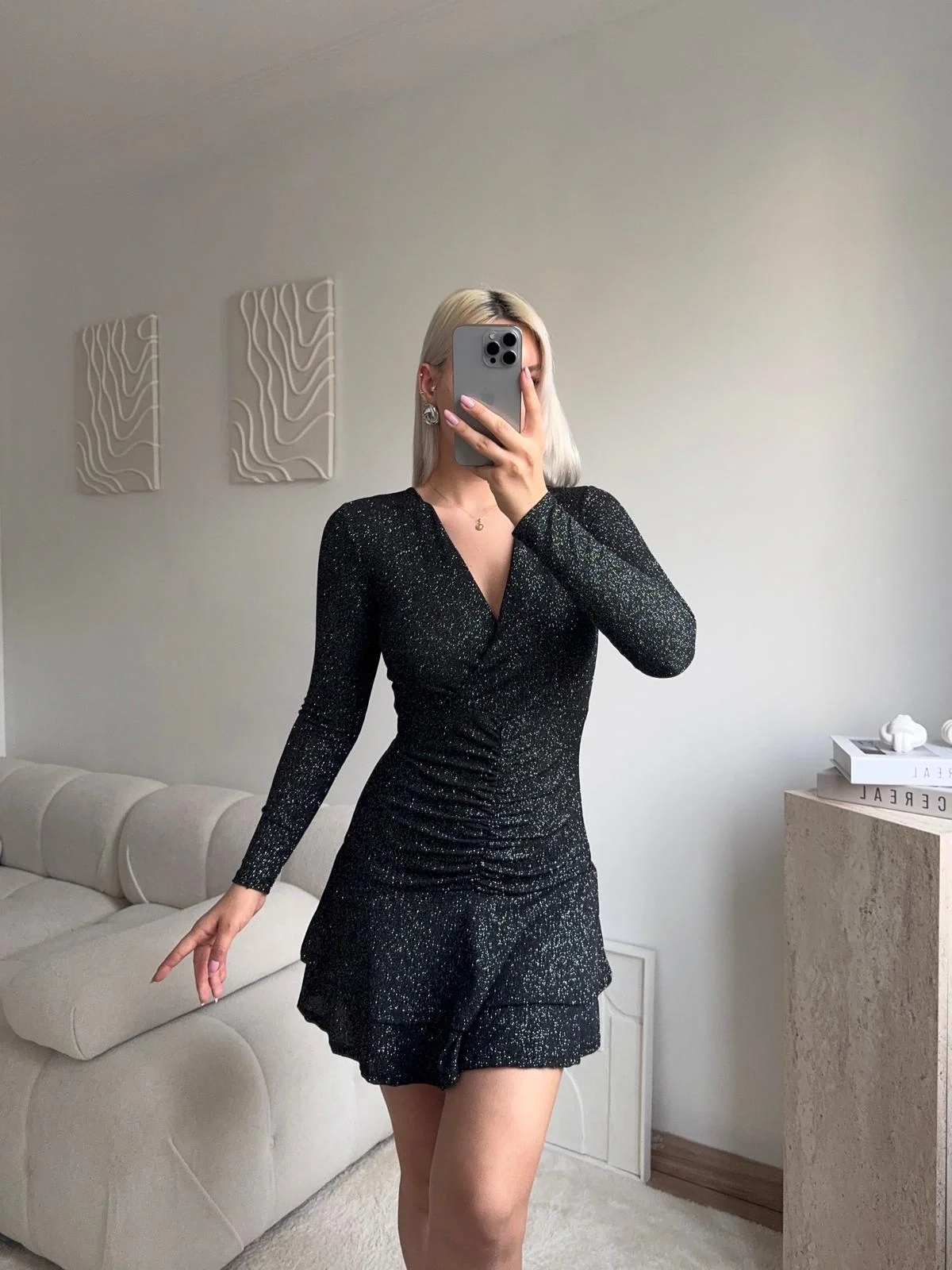 Kruvaze Bel Büzgü Simli Elbise - SİYAH