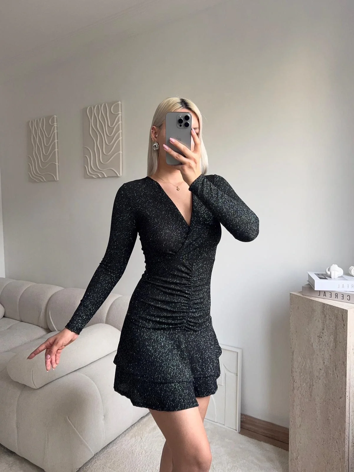 Kruvaze Bel Büzgü Simli Elbise - SİYAH