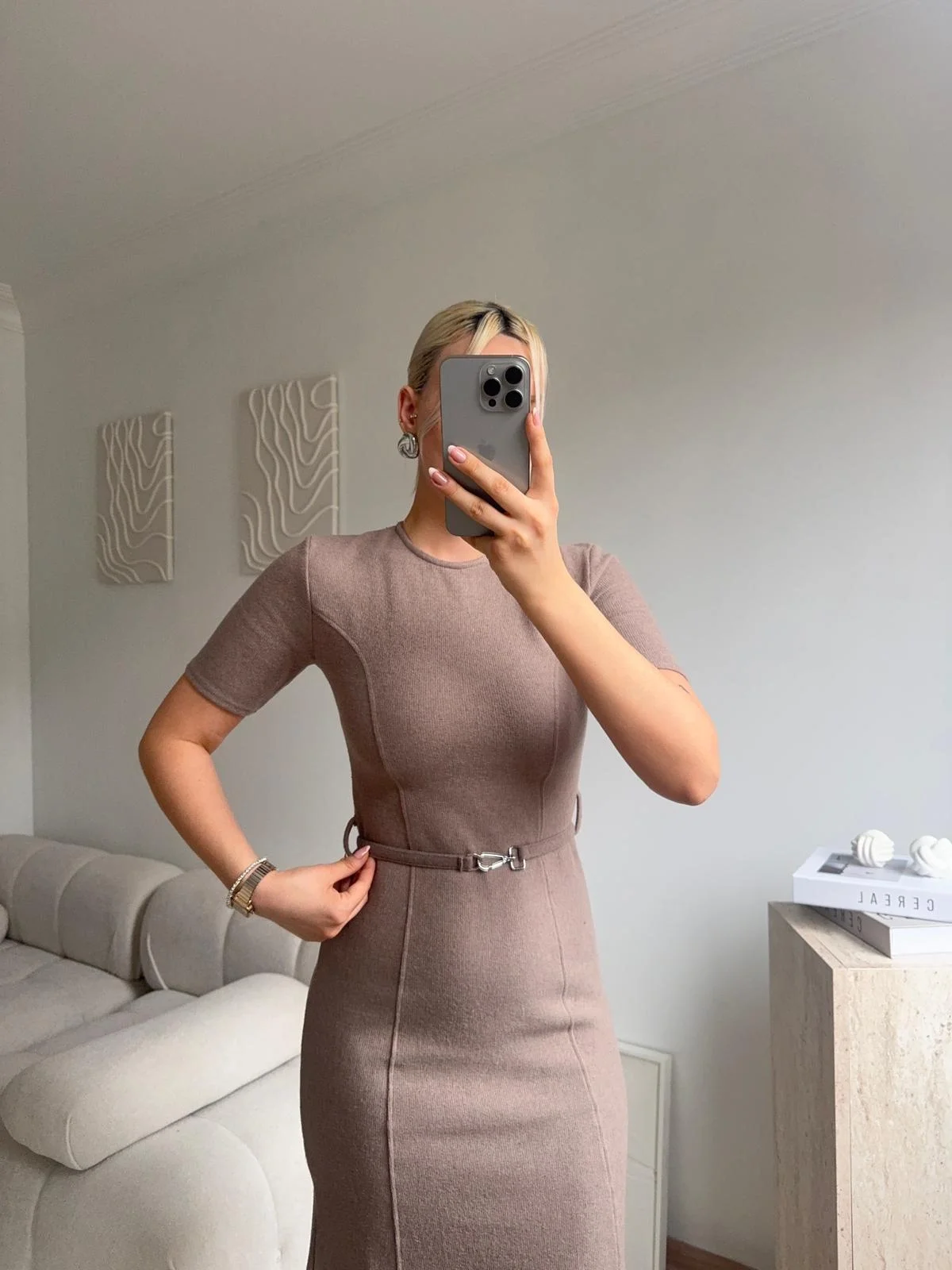 Kemerli Midi Triko Elbise - BEJ