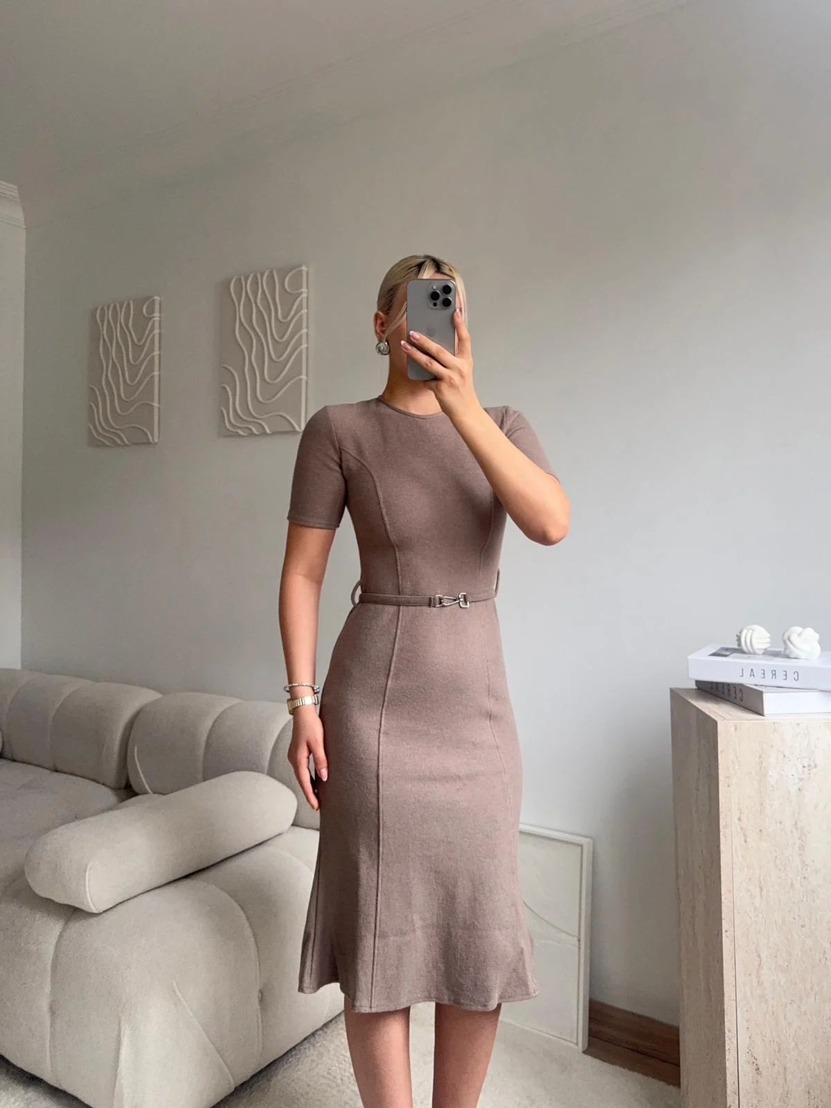 Kemerli Midi Triko Elbise - BEJ