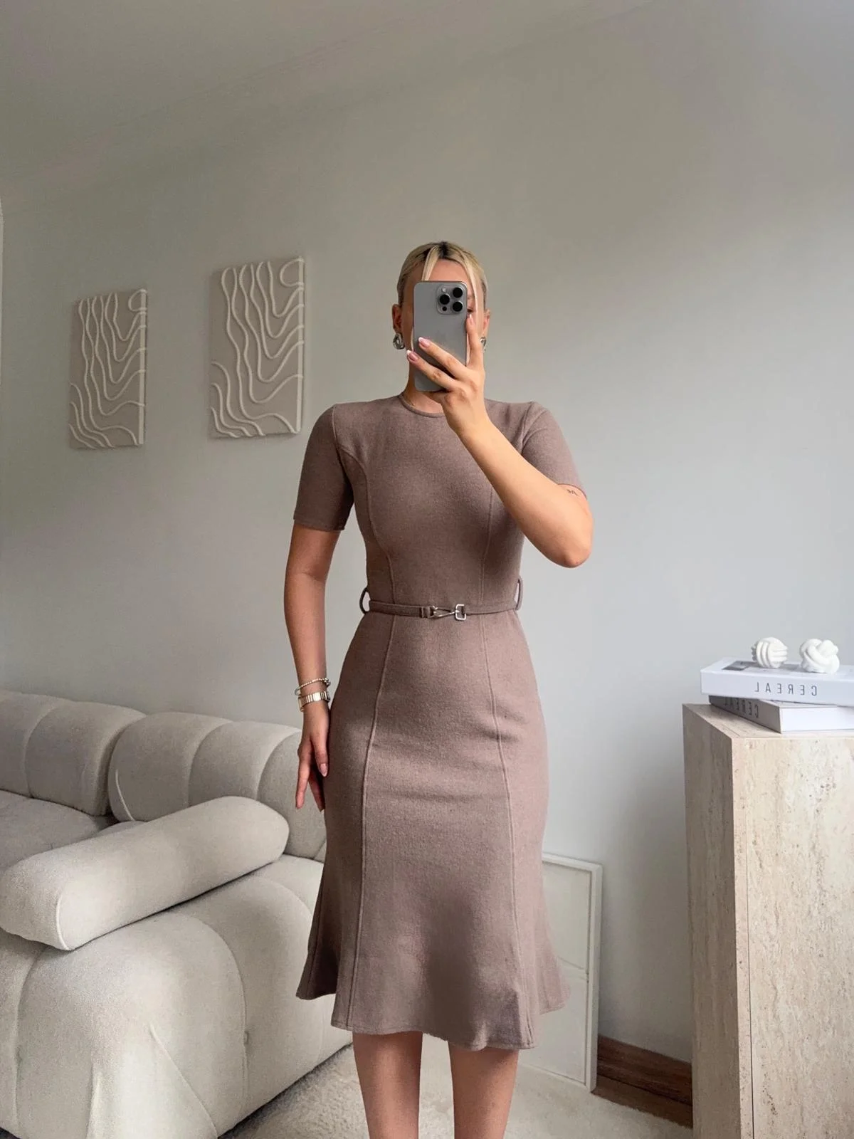 Kemerli Midi Triko Elbise - BEJ