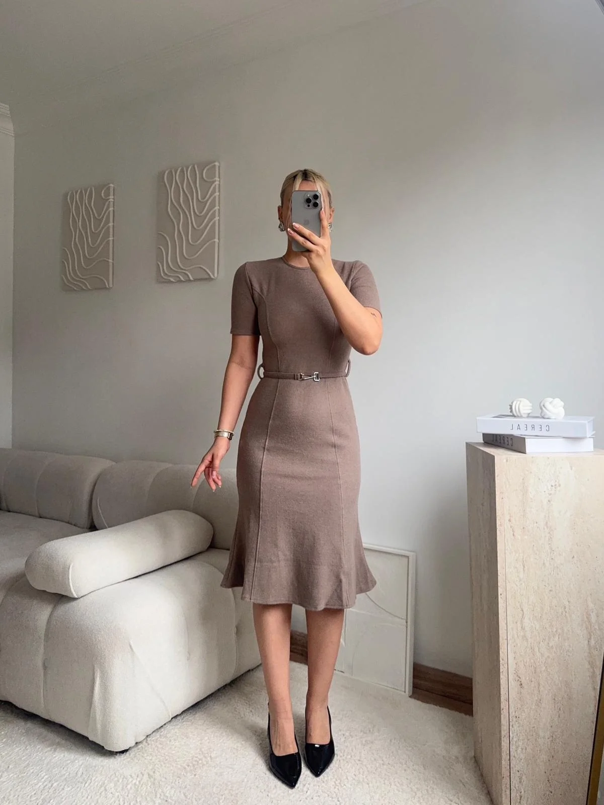 Kemerli Midi Triko Elbise - BEJ