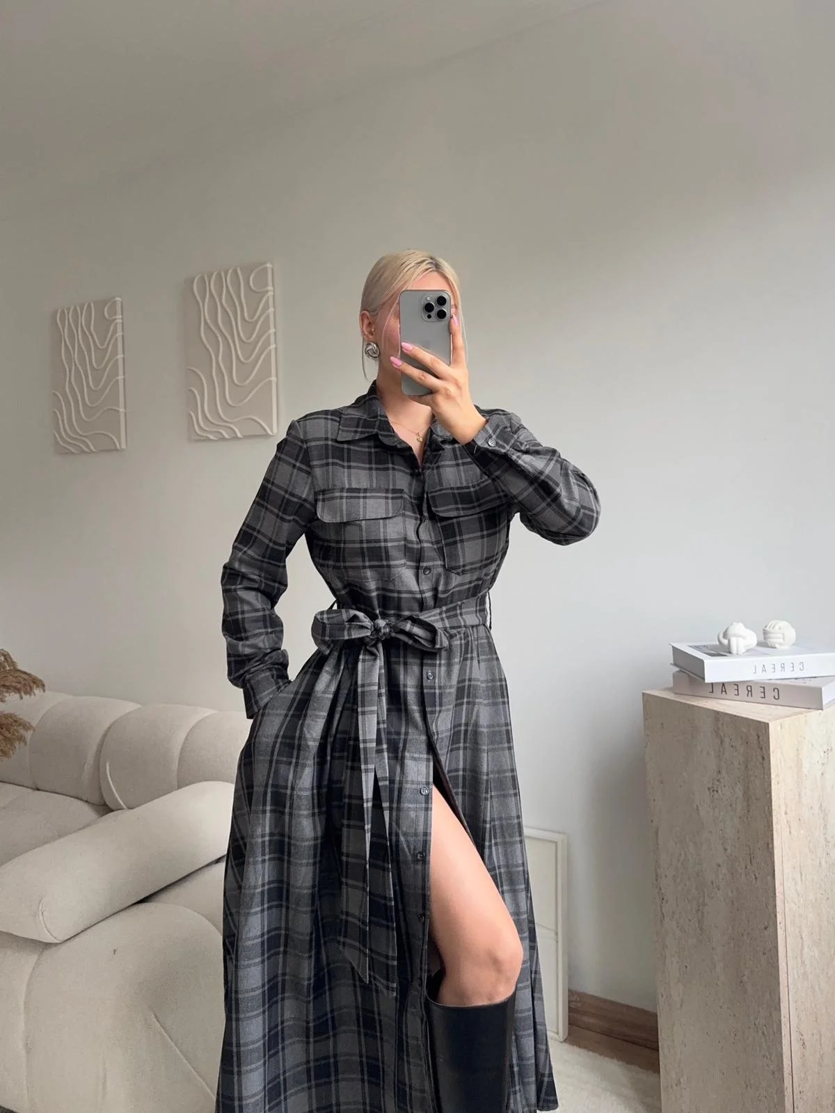 Ekose Kuşaklı Gömlek Elbise - GRİ