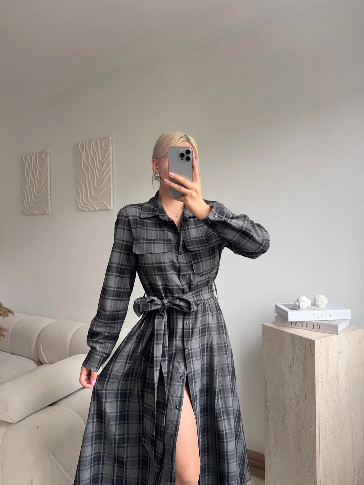 Ekose Kuşaklı Gömlek Elbise - GRİ